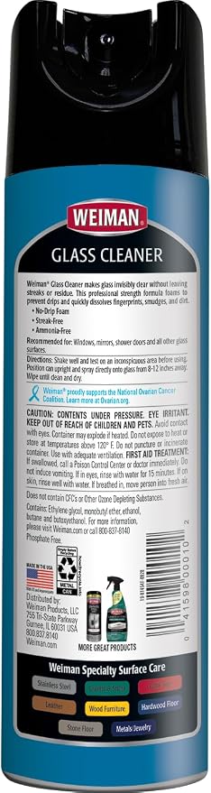 Weiman Glass Cleaner Aerosol Spray for Windows, Mirrors, Shower Doors, No Drip Foam, Residue & Streak Free Shine, Ammonia Free, Dissolves Fingerprints, Smudges & Dirt, 19 Oz, Pack of 2