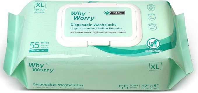 WhyWorry Extra Large Wet Wipes for Adults, 8" x 12", Unscented, 55 Count | Body Cleansing Wipes for Elderly & Incontinence, Extra Thick Disposable Washcloths with Aloe & Vitamin E, Rinse Free
