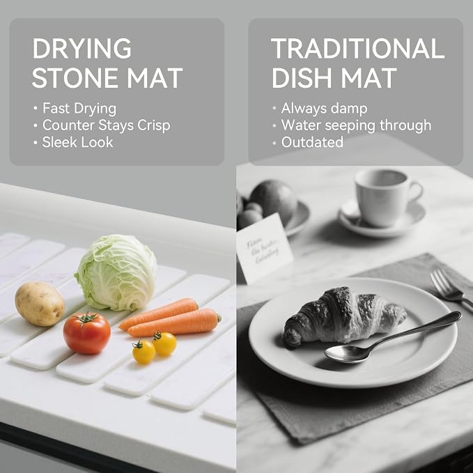 Stone Drying Mat for Kitchen Counter, 24"(L)×16"(W), Drying Matt Kitchen Counter, Stone Dish Drying Mat, Foldable Diatomaceous Earth Mat