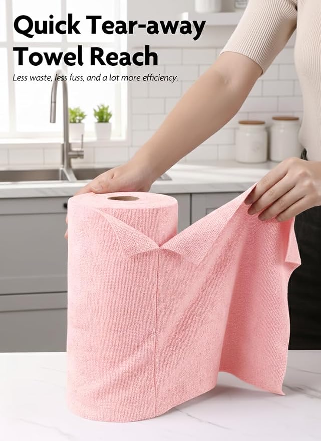 Fantasticlean Microfiber Cleaning Cloth Roll- 60 Sheets,12"x12"(Pink, Grey) | Super Absorbent, Lint-free, Tear-away Microfiber Towel Roll, for All-Purpose Cleaning, Reusable Alternative to Paper Towels