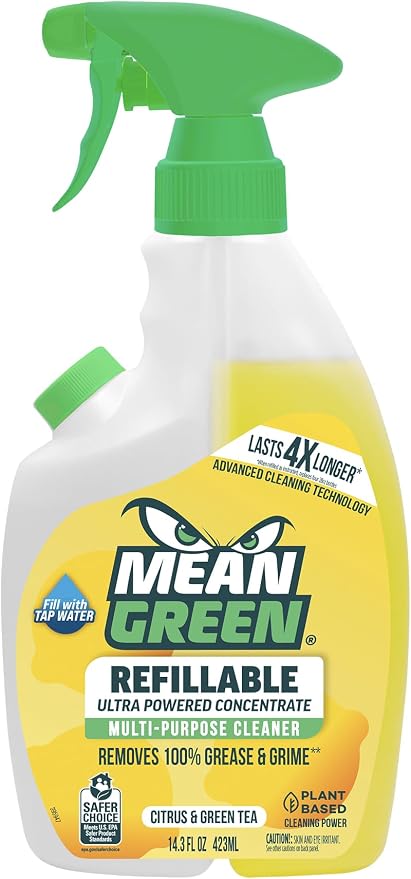Mean Green Refillable Ultra Powered Multi-Purpose Cleaner Concentrate, Citrus & Green Tea, 14.3 fl oz – Plant & Mineral Based, Cuts Through Grease & Grime, Refillable Bottle Makes 4X Refills