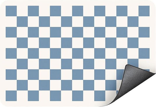 Clinuse Coffee Mats, 19"x12" Checkered Dish Drying Mat for Kitchen Counter, Quick Dry Mat, Diatomite Absorbent Aesthetic Large Drying Mats for Coffee Bar - Blue White