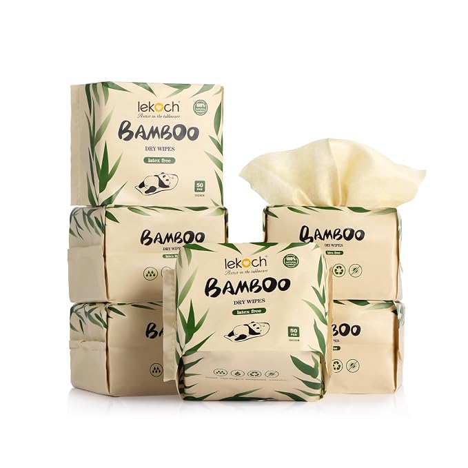 LEKOCH Bamboo Dry Wipes - 100% Biodegradable & Hypoallergenic | Makeup Remover & Baby Wipes | 6 Packs (300 Count, 8x8 Inches) | Ultra Soft for Wet/Dry Use