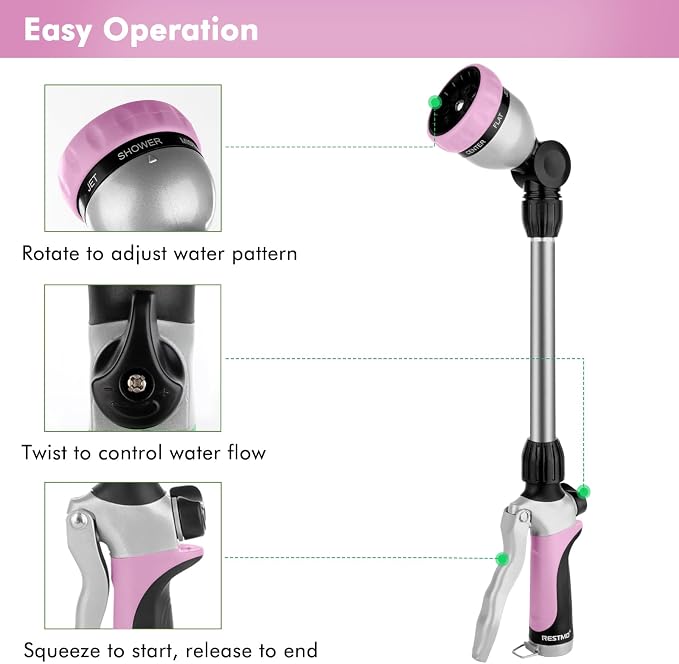 RESTMO Heavy Duty Metal Hose Wand, Watering Wand for Garden Hose | 180° Swivel Ratcheting Head, 16'' Hose Sprayer, 7 Spray Patterns, Flow Control, Ideal for Hanging Baskets & Shrubs, Pink