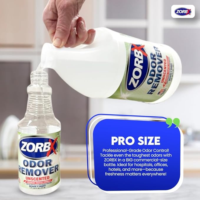 ZORBX Unscented Odor Eliminator Spray 64 Oz Refill, Hospital-Grade Formula | Permanent Odor Remover for Pet & Human Urine, Smoke & Strong Odors, Carpet, Upholstery, Mattress, Bathroom, Basement & More