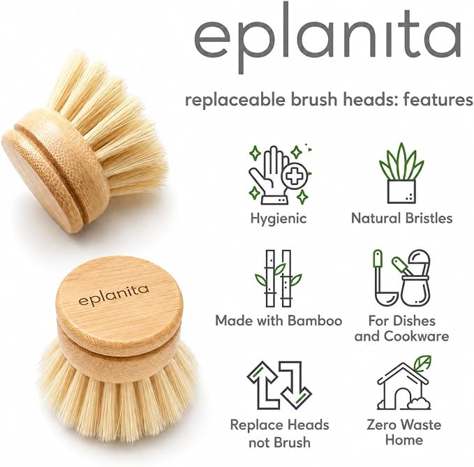 eplanita Replacement Brush Heads (Pack of 4) for Bamboo Dish Brush, Sisal Bristle Refills, Agave Cactus Fibres, Kitchen Eco Scrubber, Plastic Free Washing Up, Zero Waste Cleaning