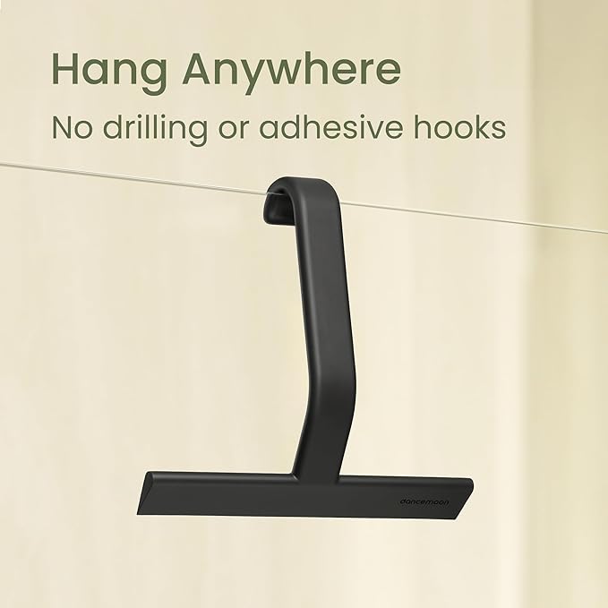 dancemoon JustHang Shower Squeegee with Built-in Hook, 10-Inch Black | Award-Winning Design, All-One-Piece Soft-Touch Silicone, for Glass Door, Bathroom, Window, Mirror, Tile Wall, Car