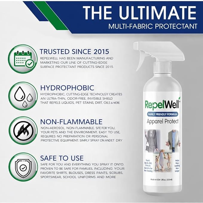 RepelWell Non Toxic Fabric Protector Spray for Clothing & Apparel, 12 oz | Repels water, spills, dirt and everyday stains from clothing and apparel.