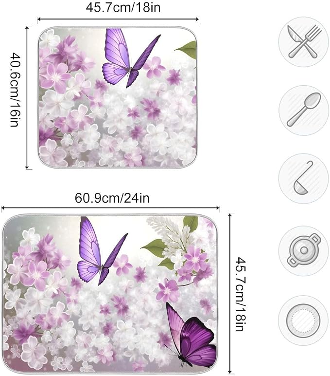 Butterflies Flowers Purple Dish Drying Mat for Kitchen, Absorbent Microfiber Drying Pad Dish Mat, 16" X 18"