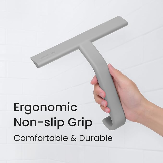 dancemoon JustHang Shower Squeegee with Built-in Hook, 10-Inch Gray | Award-Winning Design, All-One-Piece Soft-Touch Silicone, for Glass Door, Bathroom, Window, Mirror, Tile Wall, Car