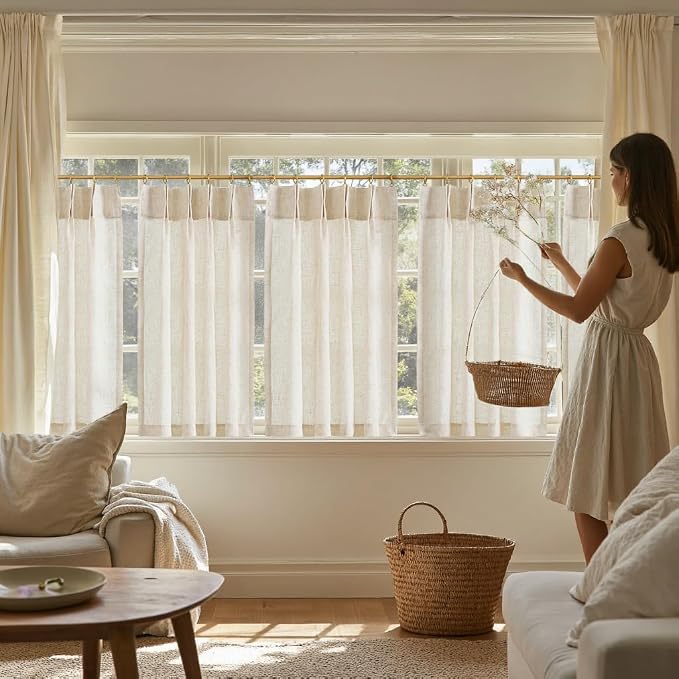 jinchan Linen Pinch Pleated Back Tab Tier Curtains,26x36,2 Panels,Natural | Light filtering,small window treatment,cafe curtains,machine washable,farmhouse,kitchen,bathrooms,laundry