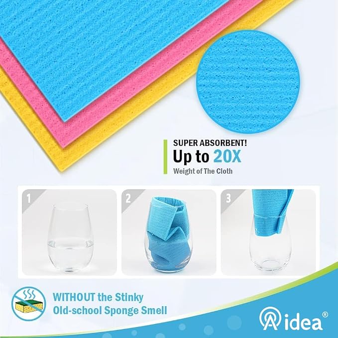 AIDEA Swedish Dishcloths for Kitchen, 20PK, Reusable Paper Towels, 7"×6" | Kitchen Washcloths Dish Rags, No Odor Reusable Cleaning Cloths, Cellulose Sponge Cloths