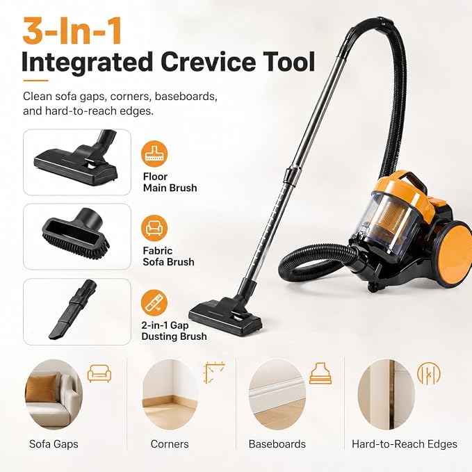 Simple Deluxe Household Portable 16.4Ft Vacuum Cleaner, 16Kpa Bagless Canister Cleaner, Lightweight Powerful Vacuum for Carpets and Hard Floors, with Washable HEPA Filter, Yellow