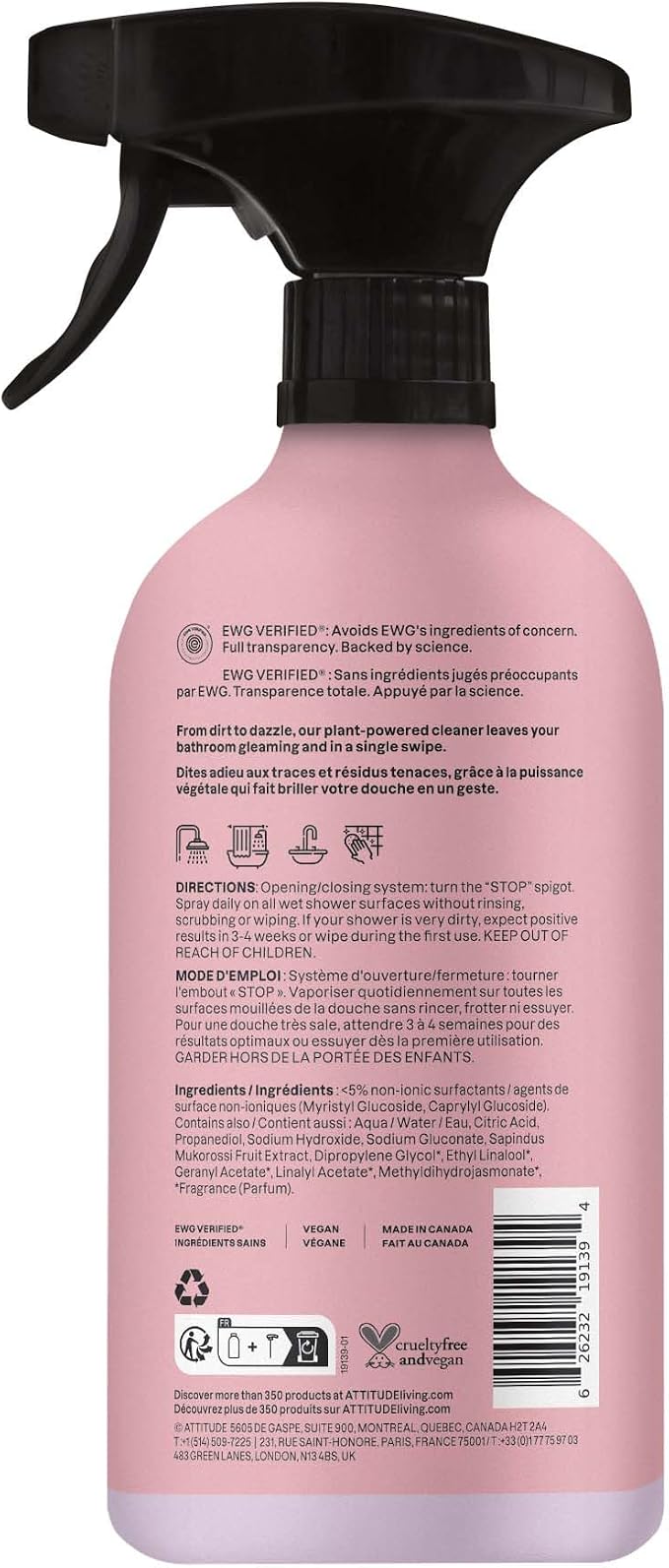 ATTITUDE Shower & Tile Cleaner Spray, EWG Verified, Bathroom Cleaner Removes Soap Scum & Grime, Plant-Based & Vegan, Lemon & Rosewood Scent, 26 Fl Oz (Pack of 3)