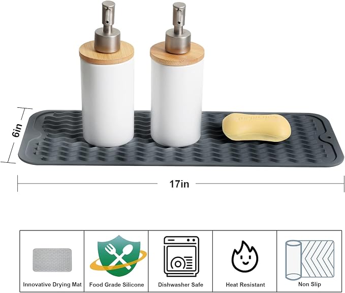 ZLR 2 Pcs Small Dish Drying Mat (6" x 17" / 153 x 433mm) - Narrow Silicone Drainer for Kitchen Counter, Apartment & RV - Compact Sponge Holder & Sink Caddy Tray, Non-Slip Food-Grade (Dark Gray)