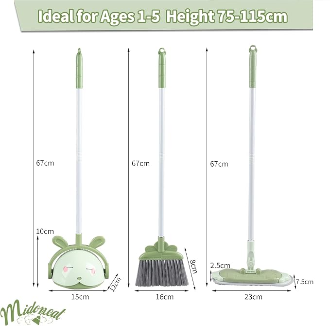 Midoneat Kids Cleaning Toy Set, Mini Child Broom, Mop and Dustpan, Little Housekeeping Helper Set ,Pretend Home Cleaning Play Set for Toddler Height 75-115cm,6pcs (Green)