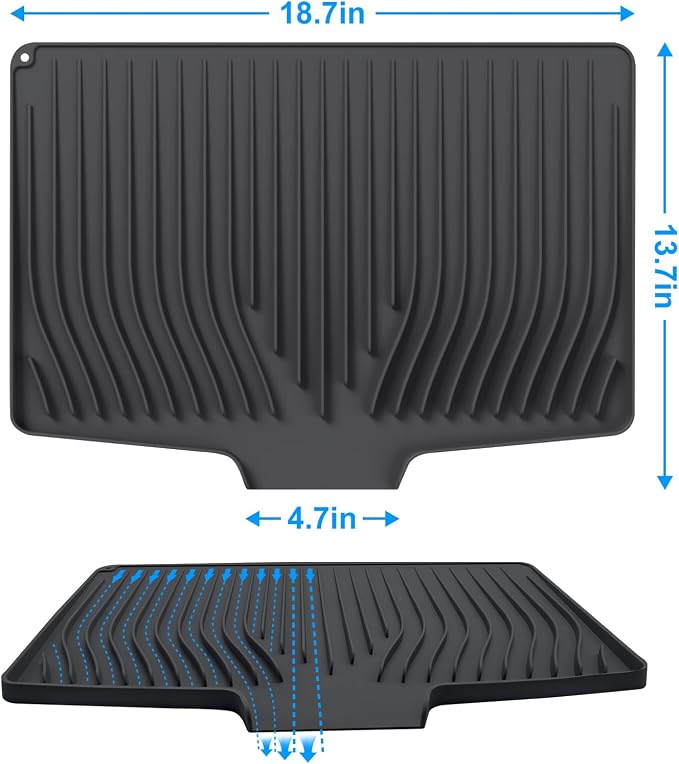 Silicone Dish Drying Mat for Kitchen Countertops and Sinks,19 x13.7 Inch Non Slip Heat Resistant Mat with Built In Drainage System,For Refrigerator and Drawer Liners (black, 19 x13.7 Inch)