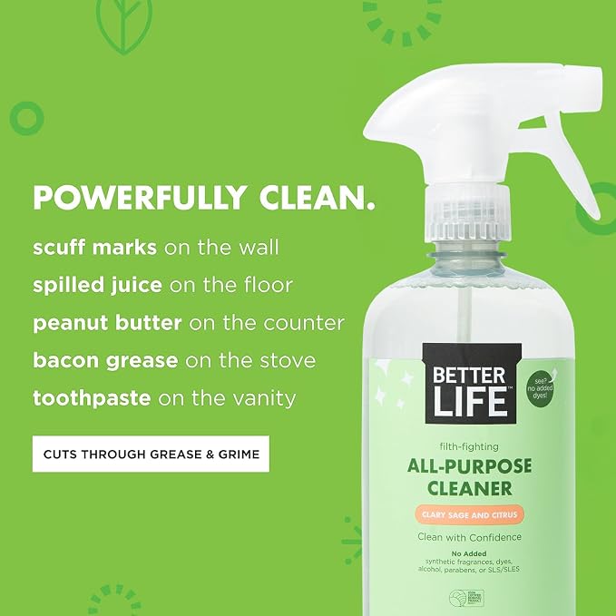 Better Life All Purpose Cleaner - Multipurpose Home and Kitchen Cleaning Spray for Glass, Countertops, Appliances, Upholstery & More - Multi-surface Spray Cleaner - 24oz (Pack of 2) Clary Sage/Citrus