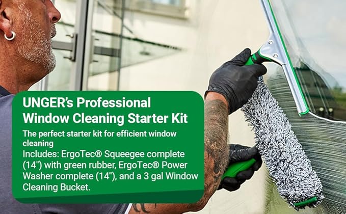 Unger Window Cleaning Kit 3-in-1: 14-in. Squeegee, Washer, Bucket | Complete glass cleaning system; WNK13; includes microfiber washer with T-bar handle & 3-gallon bucket