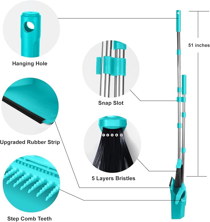 Broom and Dustpan Set for Home, 51" Long Handle Standing Dustpan Blue | Self-Cleaning Dust Pan and Brooms, ZeroGap Lip, Upright Storage Broom Combo for Kitchen Lobby Office Restaurant Indoor