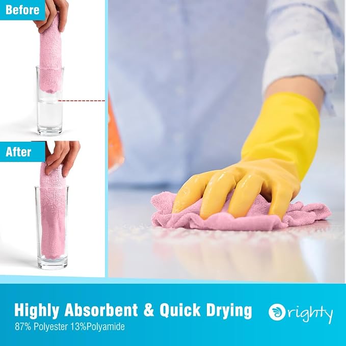 Orighty Microfiber Cleaning Cloth - 24 Pack, Pink Cleaning Rags 12x11 inch | Microfiber Towels for Cars, Highly Absorbent Household Cleaning Supplies, Reusable Lint Free Cloths for House, Kitchen