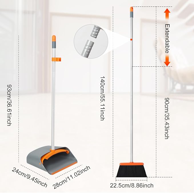 Long Handled Dustpan and Brush, Broom and Dustpan Set, Household Dust pan Combo with 54 Inch Handle for Indoor Outdoor Household Cleaning and Sweeping (Orange)