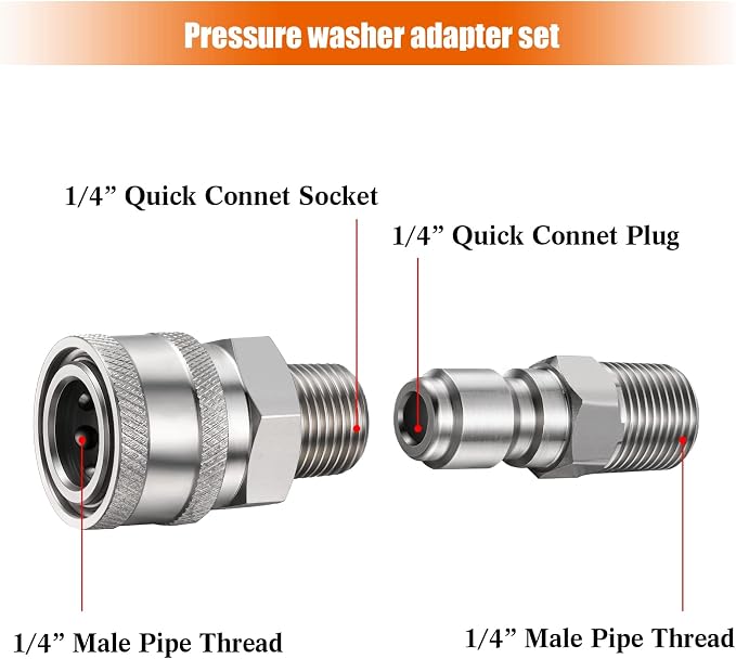 4 Sets NPT 1/4 Inch Pressure Washer Coupler Quick Connect Plug Male Female 1/4 Quick Connect Fittings Pressure Washer Adapters Accessories(External Thread)