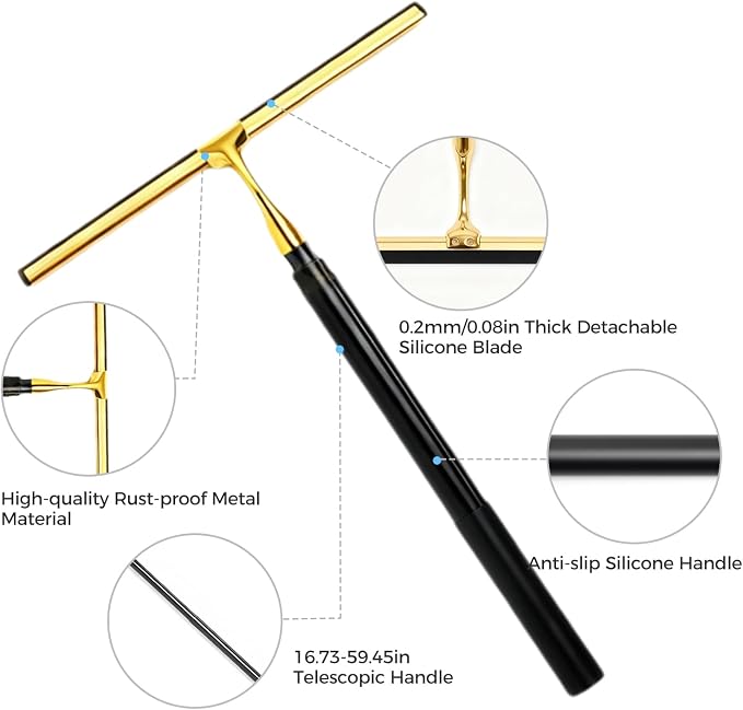 17“- 60" Extendable Long Handle 2-in-1 Window Squeegee Gold | 12.4" Wide Metal Shower Squeegee for Glass Doors, 2-in-1 Squeegee for Home Window Cleaning, Tile Wall, Car