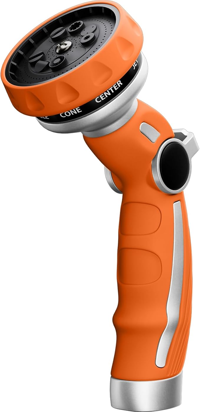 RESTMO Hose Nozzle Heavy Duty, Metal Water Hose Sprayer for Garden | 9 Spray Patterns, Leak Proof, Thumb Flow Control, On/Off Valve, Ideal for Outdoor Lawn & Plant, Car & Pet, Orange