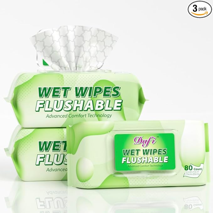 DAFI Flushable Wipes for Adult Wet Wipes, Total 240 Unscented Toilet Wipes Flushable, No Alcohol & 100% Plant Based Fibers, Septic and Sewer Safe Pack of 3