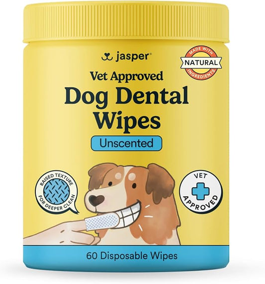 Jasper Dog Dental Wipes, Vet-Recommended Natural Cat & Dog Teeth Cleaning Wipes Dog Teeth Cleaner, Disposable Wipes Fresh Breath PlaqLift Technology Attacks Plaque and Buildup, Unscented, 60 Count