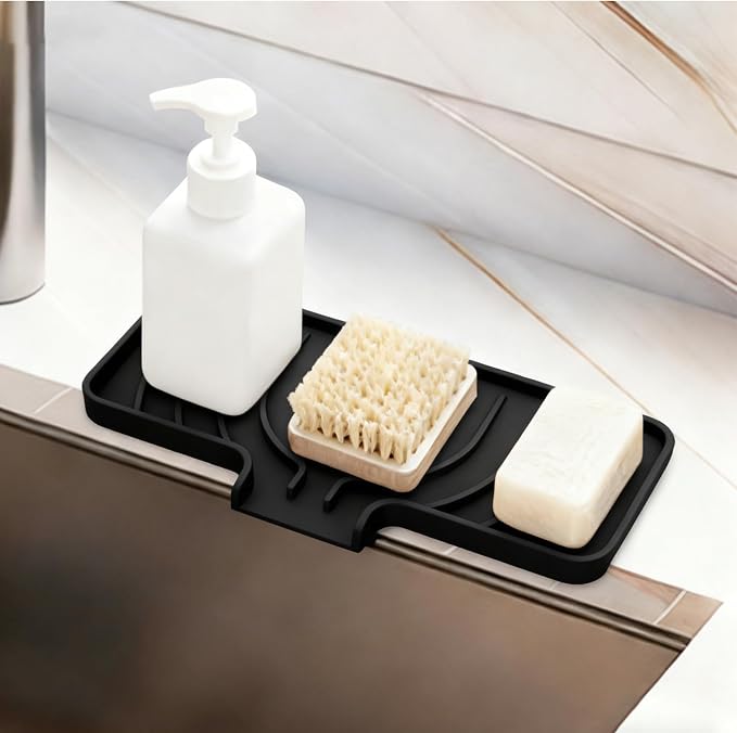 GUUKIN Sponge Holder for Kitchen Sink, Sink Caddy and Soap Tray | 10x4 inch Kitchen Sink Organizer | Compatible with Scrub Daddy, Kitchen Sink Accessories (Black)