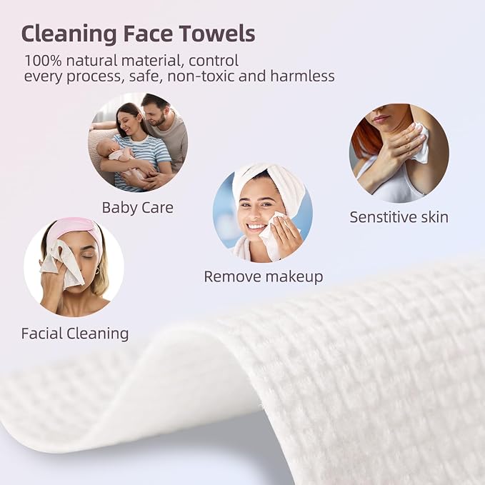 Disposable Face Towels,Viscose Biodegradable Large Dry Wipes,Super Soft & Thick Face Cleansing Towels,Daily Facial Tissues for Sensitive Skin, Makeup Removing,Facial Clean,Nursing,Travel (50 Count)