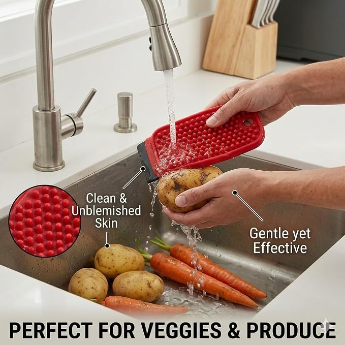 FlexiClean 3-in-1 Silicone Dish Sponge - BPA-Free Food-Grade Cleaning Brush with Dual-Sided Scrubber & Scraper, Hanging Hole Fast-Dry Reusable for Dishes/Fruits/Vegetables (Red 2PCS)