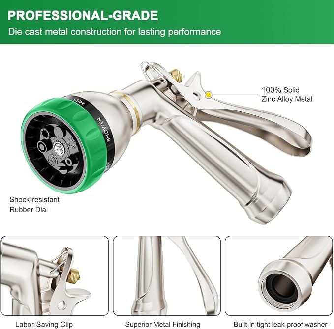 FANHAO 7 Spray Patterns Metal Garden Hose Nozzle with Lockable Trigger | Rustproof Hose Sprayer Nozzle Heavy Duty, High Pressure Adjustable Garden Nozzle for Watering Plants, Car & Pet Washing