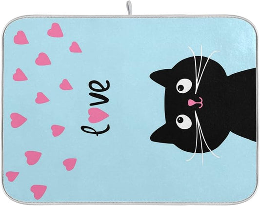 Absorbent Dish Drying Mat for Kitchen Counter - Blue Love Cat Microfiber Drying Pad, Reversible Drainer Mats for Countertop, Small 16 x 18 inch
