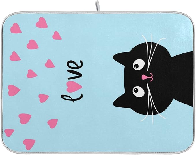 Absorbent Dish Drying Mat for Kitchen Counter - Blue Love Cat Microfiber Drying Pad, Reversible Drainer Mats for Countertop, Lager 18 x 24 inch