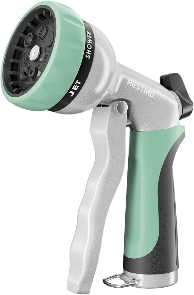 RESTMO Garden Hose Nozzle, Heavy Duty Metal Water Hose Nozzle with 7 Adjustable Spray Patterns, High Pressure Hand Sprayer with Flow Control, Best for Watering Plant & Lawn, Washing Car & Pet, Cyan