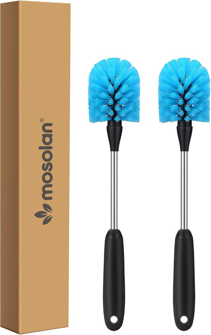 MOSOLAN Stainless Steel Water Bottle Brush, Long Handle Scrubbing Brush, Built for Cleaning Sports Bottles, Baby Bottles, Cups, Coffee Mugs, Glasswares, Wine Decanters, Flask, 2 Pack, 13 in