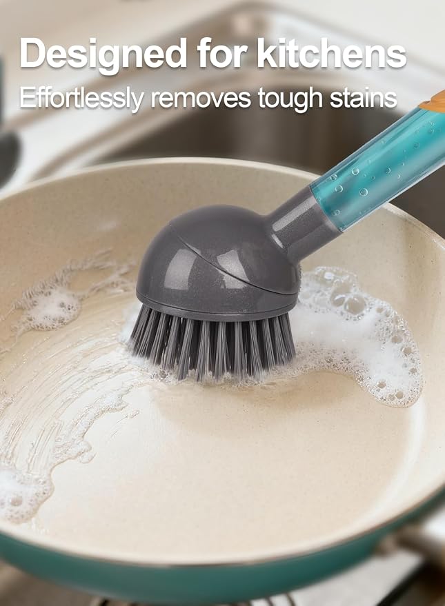 Soap Dispensing Dish Brush with Handle, 360° Rotating Head, 5-Piece Kitchen Cleaning Set (2 Brush Heads & 3 Sponges), Non-Scratch Scrubber for Pot, Pan, Sink, Leak-Proof Dishwand, Grey