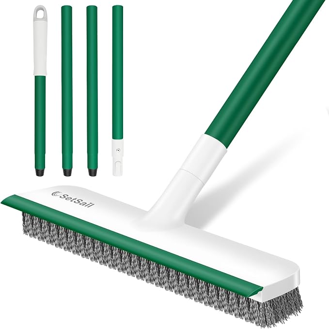 SetSail Floor Scrub Brush, Scrub Brush with Long Handle, White Green | 2 in 1 Scraper Brush Stiff Bristle Floor Scrubber for Cleaning Bathroom Shower Kitchen Garage Deck Tile Tub
