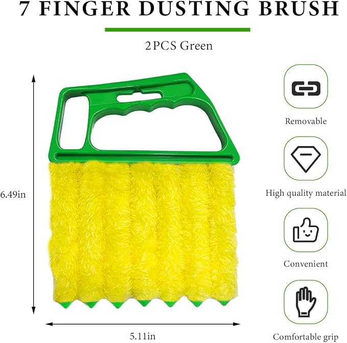 DXNQ 2 PCS Blind Cleaner Duster Tool, Window Venetian Hand-held 7 Finger Dusting Cleaner Brush, Blinds Cleaning Brush Tool for Window Shutters Air Conditioner, Car Accessories (Green)