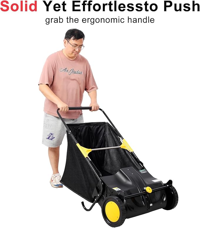 21" Hand-Push Lawn Sweeper | 4 Heavy-Duty Brushes & Wheels, Adjustable Height, 3.5 FT Large Hopper | for Efficient Leaf and Grass Collection in Lawns, Yards, Gardens (Black+21 Ihch)