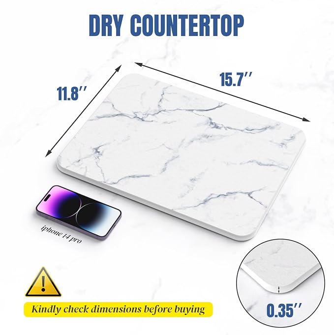 Quick Dry Stone Drying Mat for Kitchen Counter, Water-Absorbent Diatomaceous Dish Drying Mats, Multi-Purpose Stone Drying Tray for Cups Dishes Bottles, Carrara White Marble