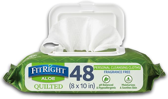 Medline FitRight Aloe Quilted Heavyweight Personal Cleansing Cloth Wipes, Unscented, Pack of 48, 8 x 12 inch Adult Large Incontinence Wipes