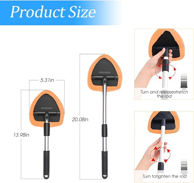 Extendable Car Windshield Cleaning Tool with Microfiber Pads, Orange | reusable glass-wiper design, interior and exterior window use, fits most cars, SUVs, and trucks, automotive cleaning tools