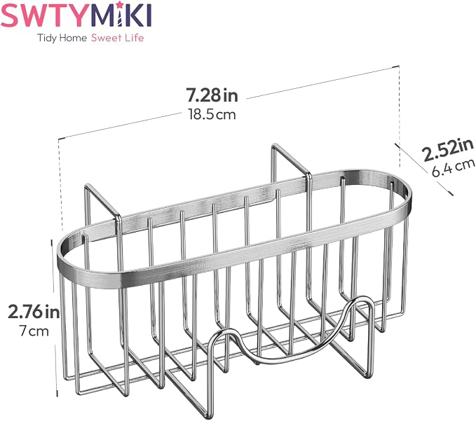 SWTYMIKI Sponge Holder for Kitchen Sink - Movable Kitchen Sink Caddy with M Shape Hook Stainless Steel Hanging Sponges Caddy Organizer in Double Bowl Sinks Depth>3.15in, Middle divider<1.5in, Silver L