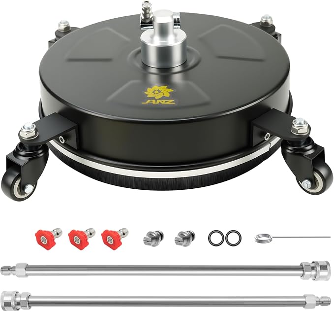 JANZ 14'' Black Pressure Washer Surface Cleaner | 4 Wheels, Stainless Steel Housing, 1/4" Quick Plug, 2 Extension Wands, 2 Replacement Nozzles and 3 Spray Nozzles,4000 PSI