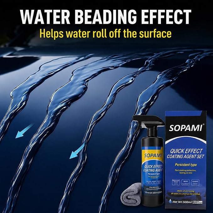 Sopami Car Coating Spray, Quick Effect Coating Agent - 33.8 FL OZ | Car Scratch Wax Polish Spray Waterless Wash, Quickly Coat Car Wax, Oil Film Emulsion Glass Cleaner with towel for All Car