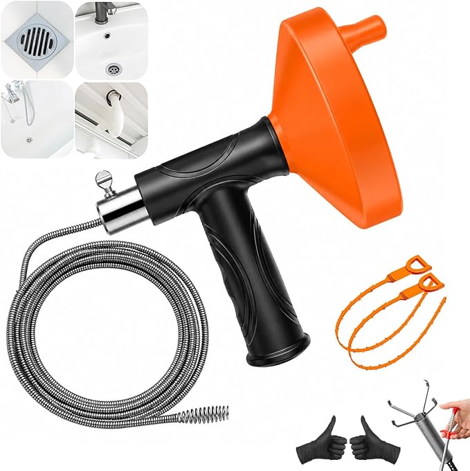 33 Feet Drain Snake Auger, Plumbing Snake Drain Hair Clog Removal Tool, Sink Unclogger Drain, Heavy Duty Drum Auger, Cleaner Tool for Bathroom Kitchen Tub Shower Drain Clog Remover with Gloves，Orange